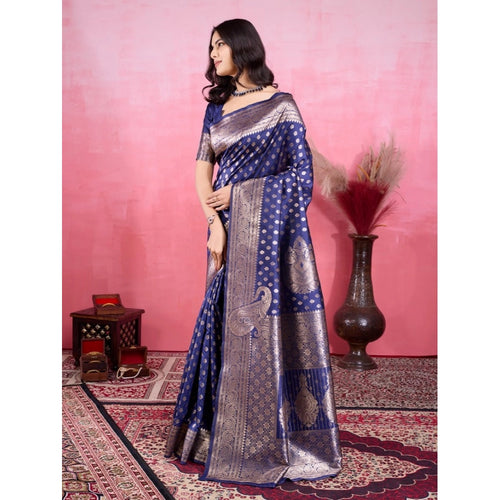 Vaystra Banarasi Silk Printed Saree With Unstitched Blouse 5.5Mtr – Blue