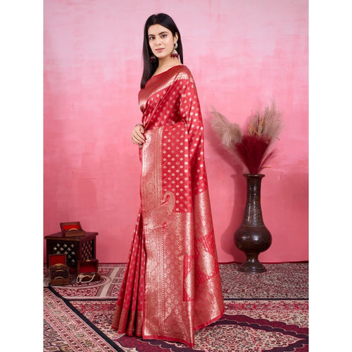 Vaystra Banarasi Silk Printed Saree With Unstitched Blouse 5.5Mtr – Red