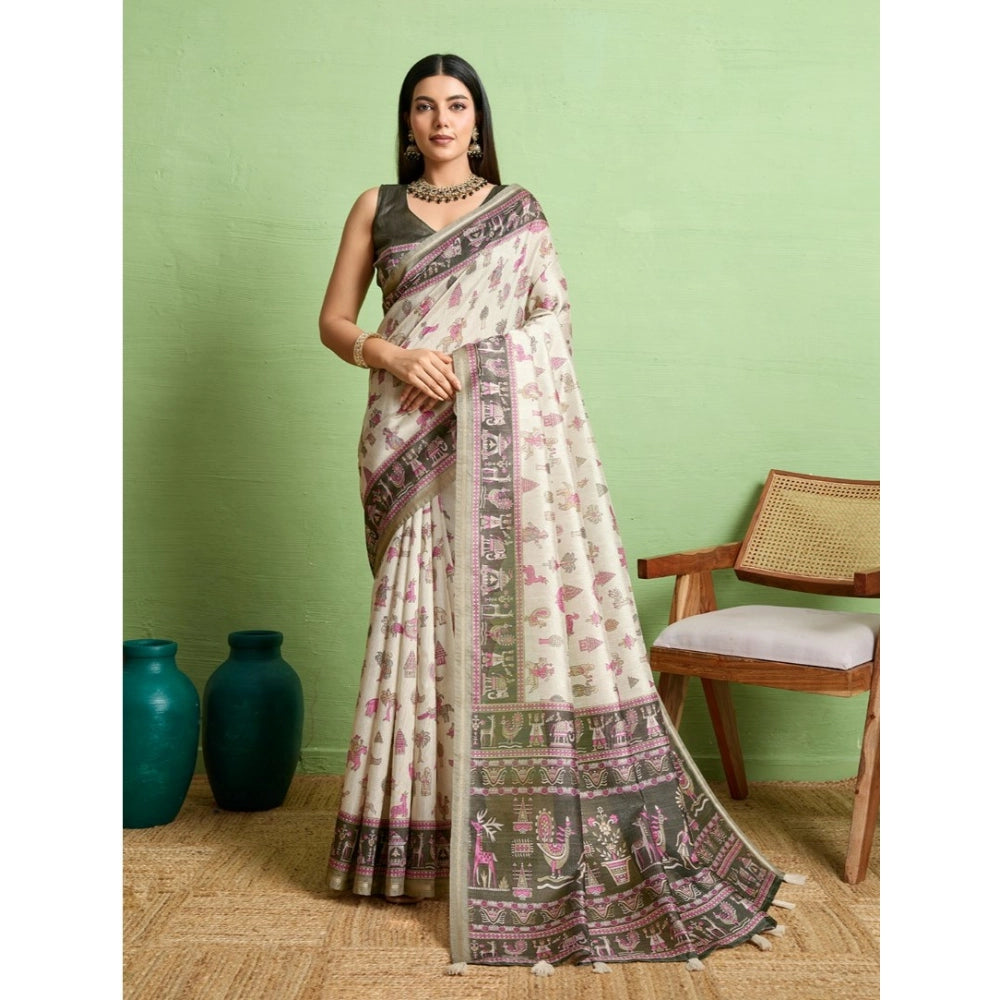 Vaystra Silk Blend Printed Saree With Unstitched Blouse 5.5Mtr – Off White