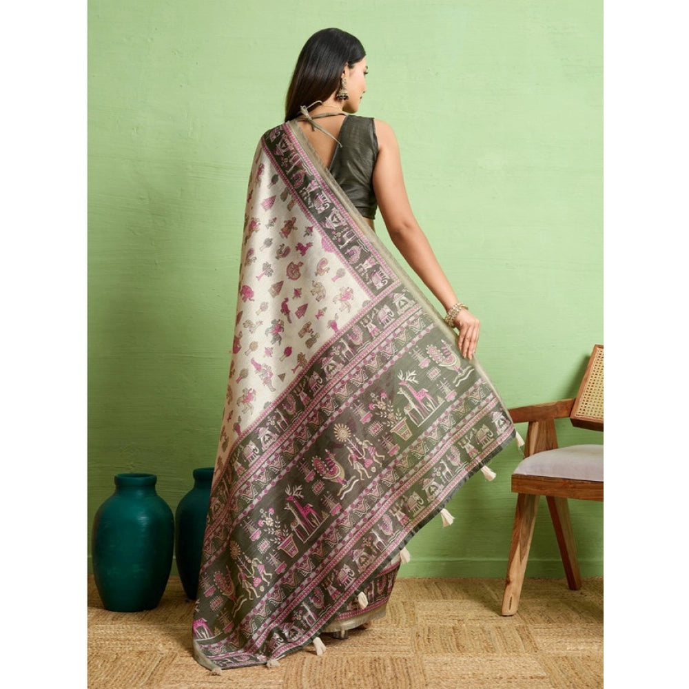 Vaystra Silk Blend Printed Saree With Unstitched Blouse 5.5Mtr – Off White
