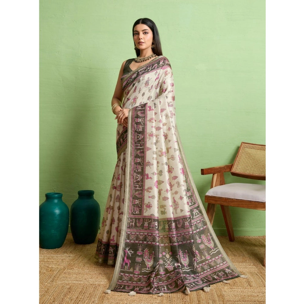 Vaystra Silk Blend Printed Saree With Unstitched Blouse 5.5Mtr – Off White