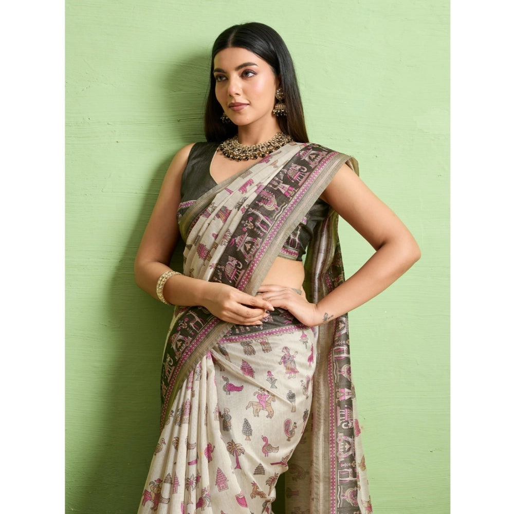 Vaystra Silk Blend Printed Saree With Unstitched Blouse 5.5Mtr – Off White
