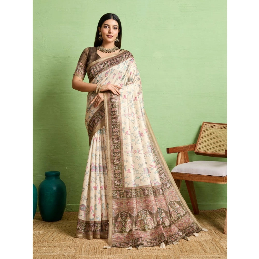 Vaystra Silk Blend Printed Saree With Unstitched Blouse 5.5Mtr – Cream