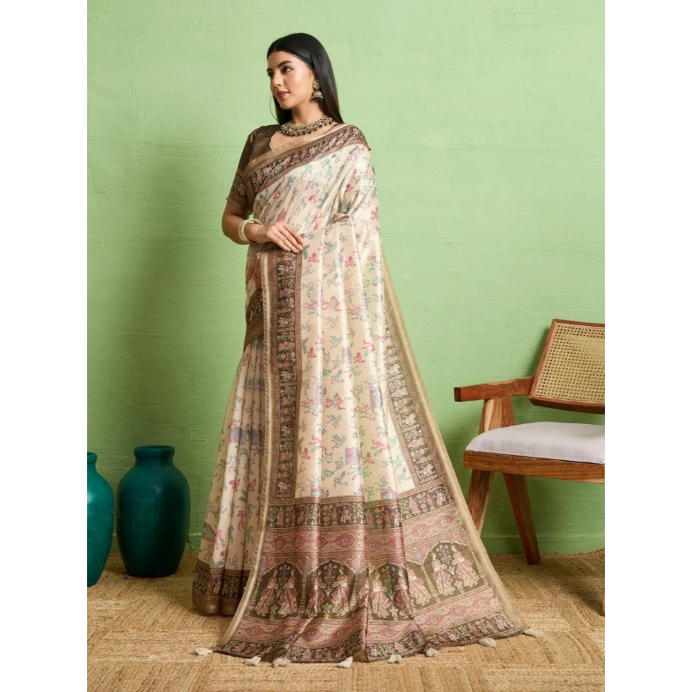 Vaystra Silk Blend Printed Saree With Unstitched Blouse 5.5Mtr – Cream