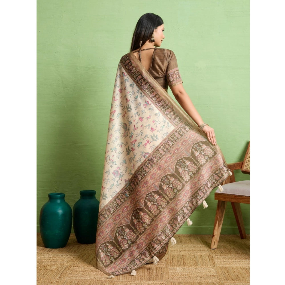 Vaystra Silk Blend Printed Saree With Unstitched Blouse 5.5Mtr – Cream
