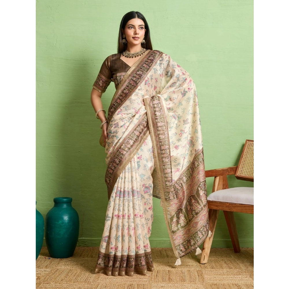 Vaystra Silk Blend Printed Saree With Unstitched Blouse 5.5Mtr – Cream