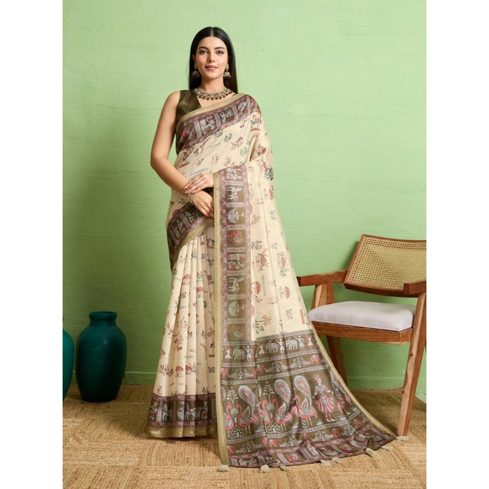 Vaystra Silk Blend Printed Saree With Unstitched Blouse 5.5Mtr – Cream