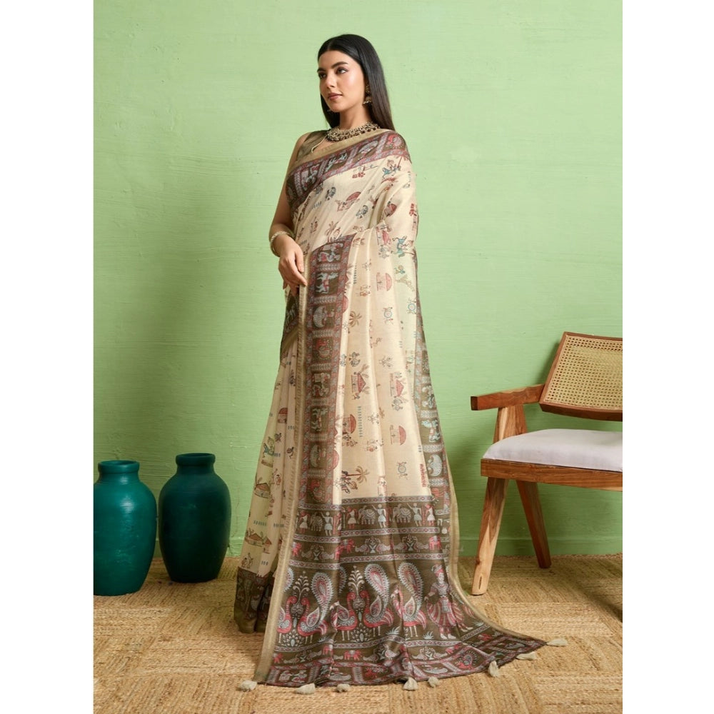 Vaystra Silk Blend Printed Saree With Unstitched Blouse 5.5Mtr – Cream