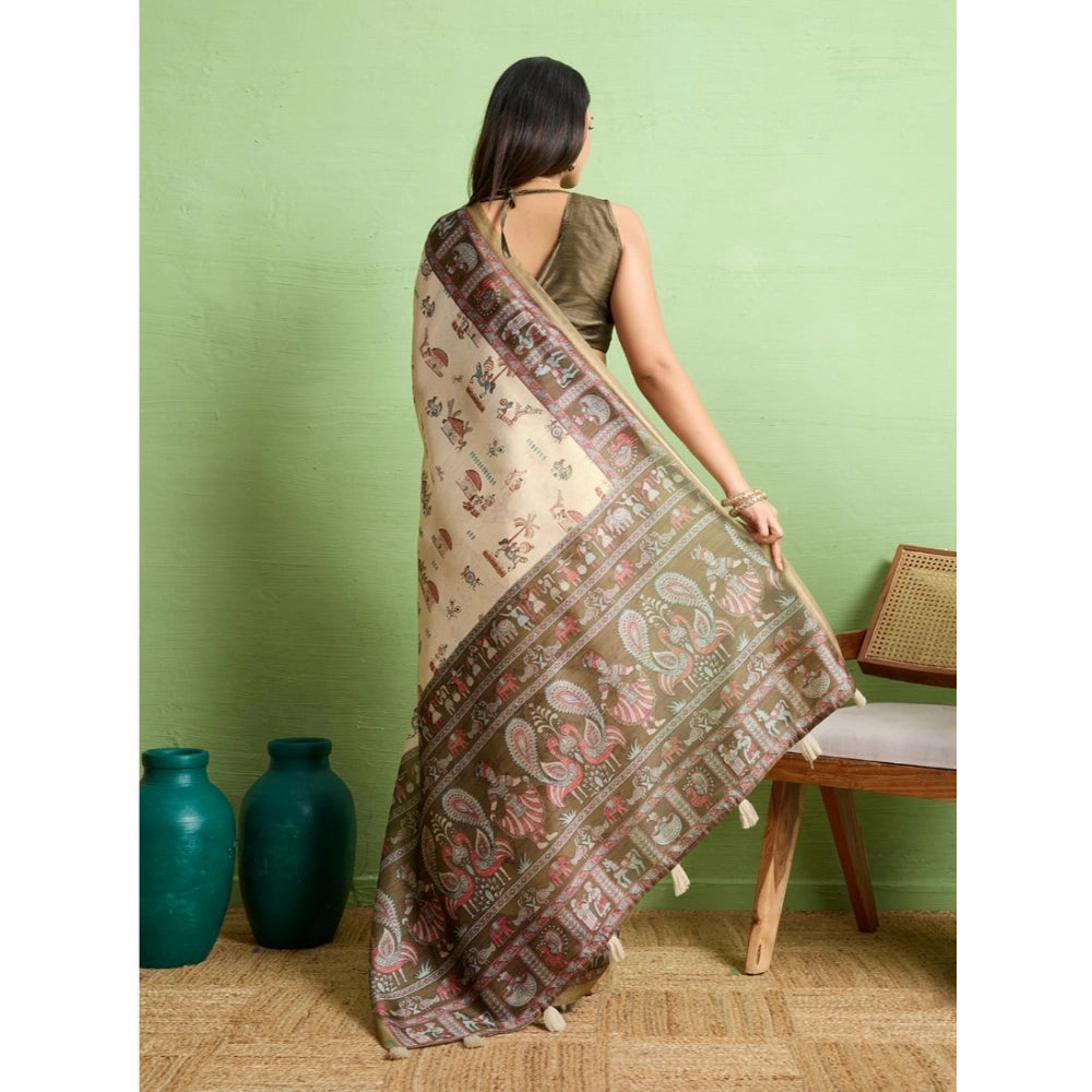Vaystra Silk Blend Printed Saree With Unstitched Blouse 5.5Mtr – Cream