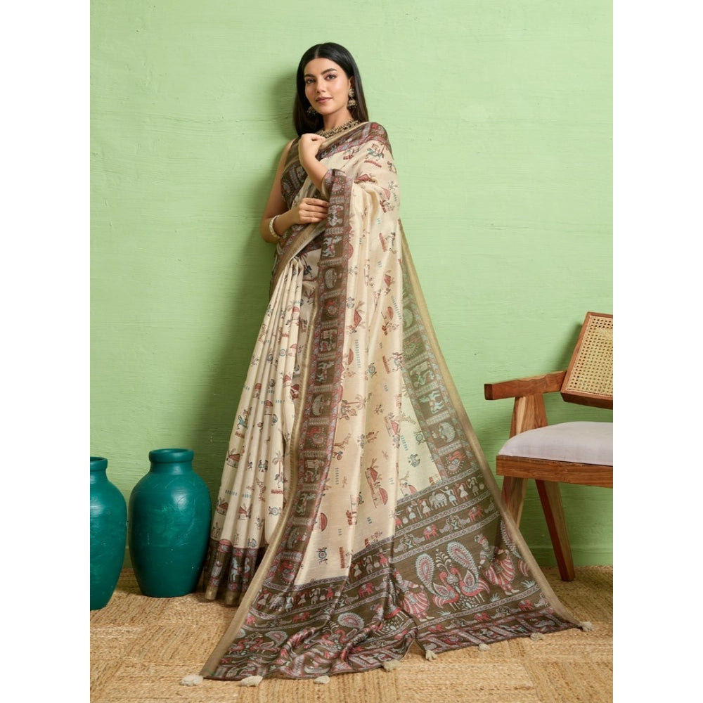 Vaystra Silk Blend Printed Saree With Unstitched Blouse 5.5Mtr – Cream