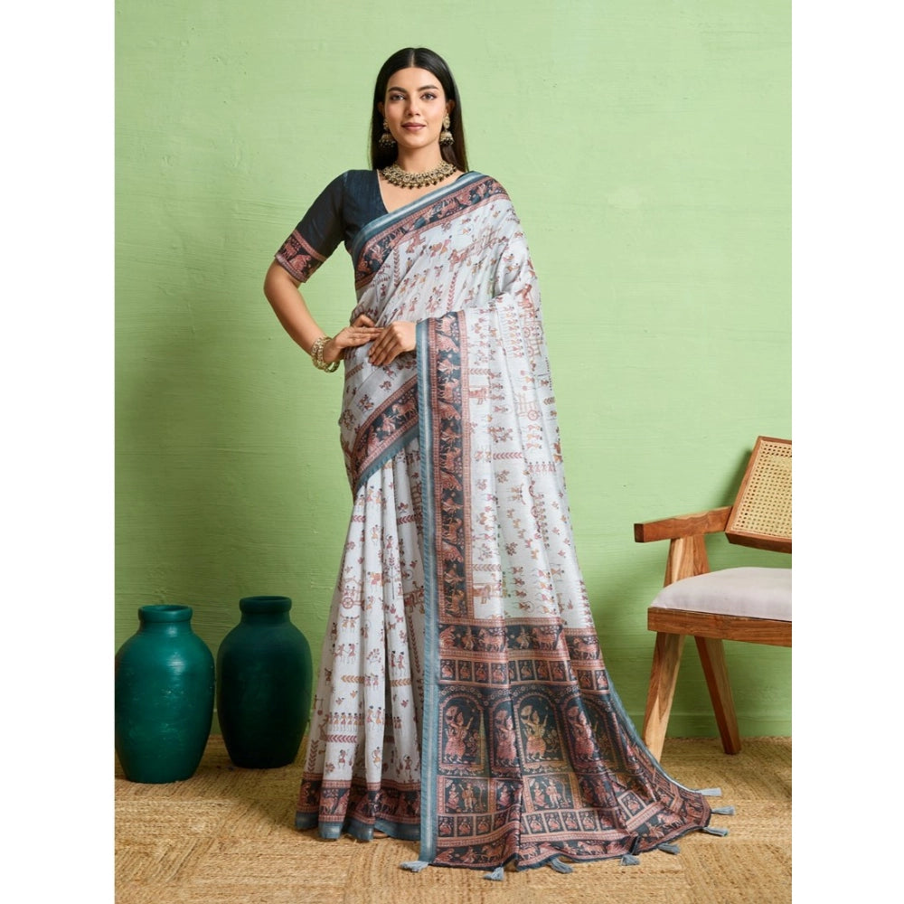 Vaystra Silk Blend Printed Saree With Unstitched Blouse 5.5Mtr – Grey