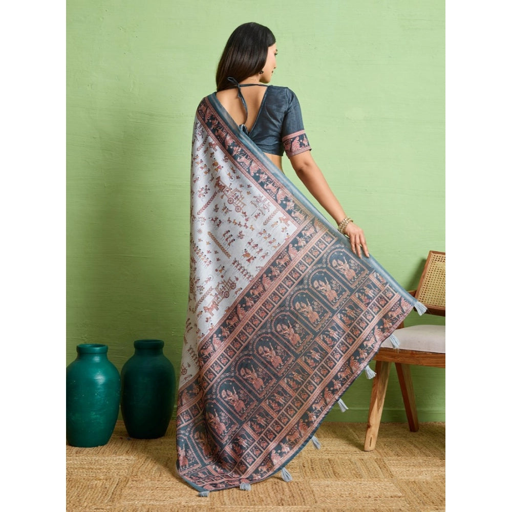 Vaystra Silk Blend Printed Saree With Unstitched Blouse 5.5Mtr – Grey