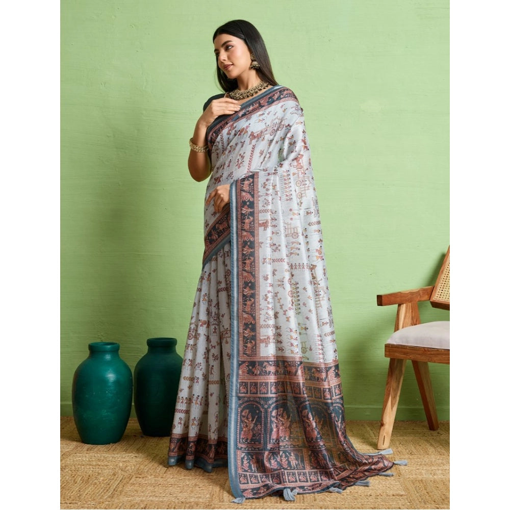 Vaystra Silk Blend Printed Saree With Unstitched Blouse 5.5Mtr – Grey