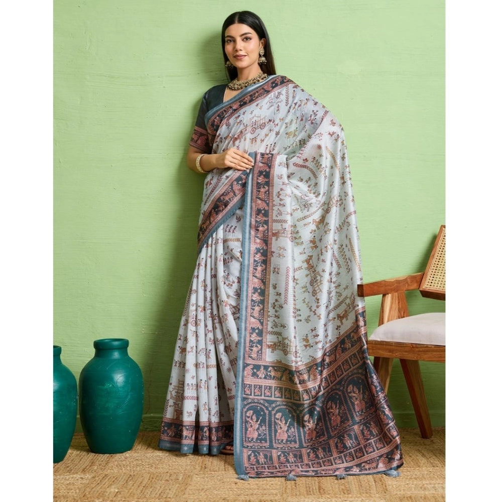 Vaystra Silk Blend Printed Saree With Unstitched Blouse 5.5Mtr – Grey