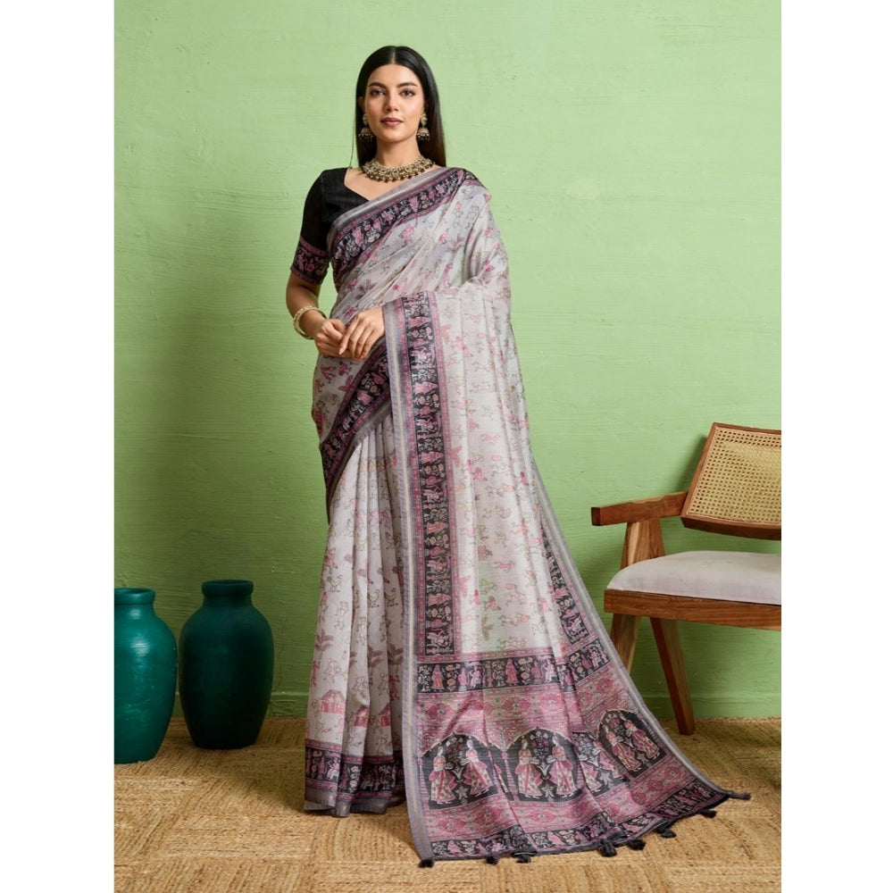 Vaystra Silk Blend Printed Saree With Unstitched Blouse 5.5Mtr – Grey