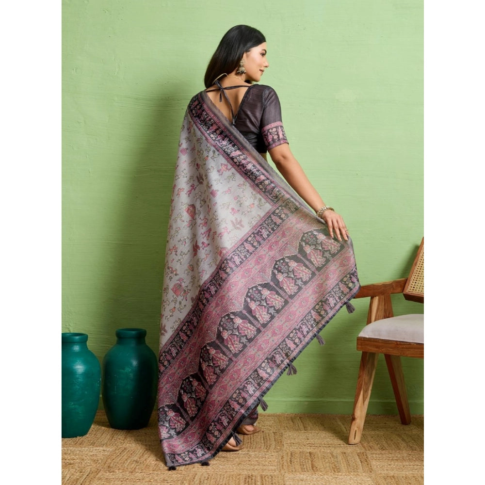 Vaystra Silk Blend Printed Saree With Unstitched Blouse 5.5Mtr – Grey