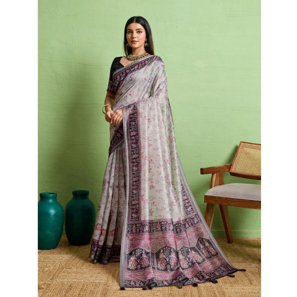 Vaystra Silk Blend Printed Saree With Unstitched Blouse 5.5Mtr – Grey