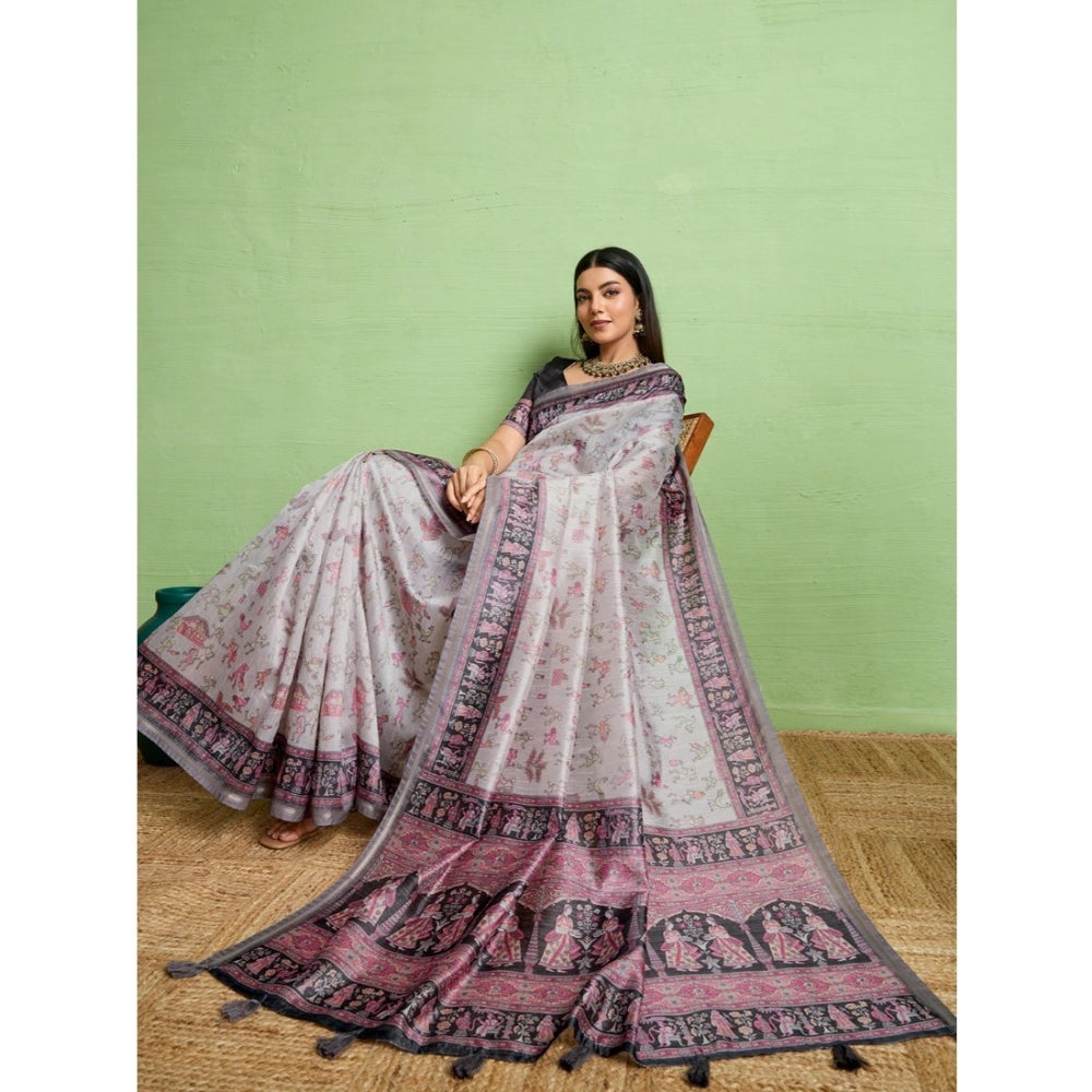 Vaystra Silk Blend Printed Saree With Unstitched Blouse 5.5Mtr – Grey