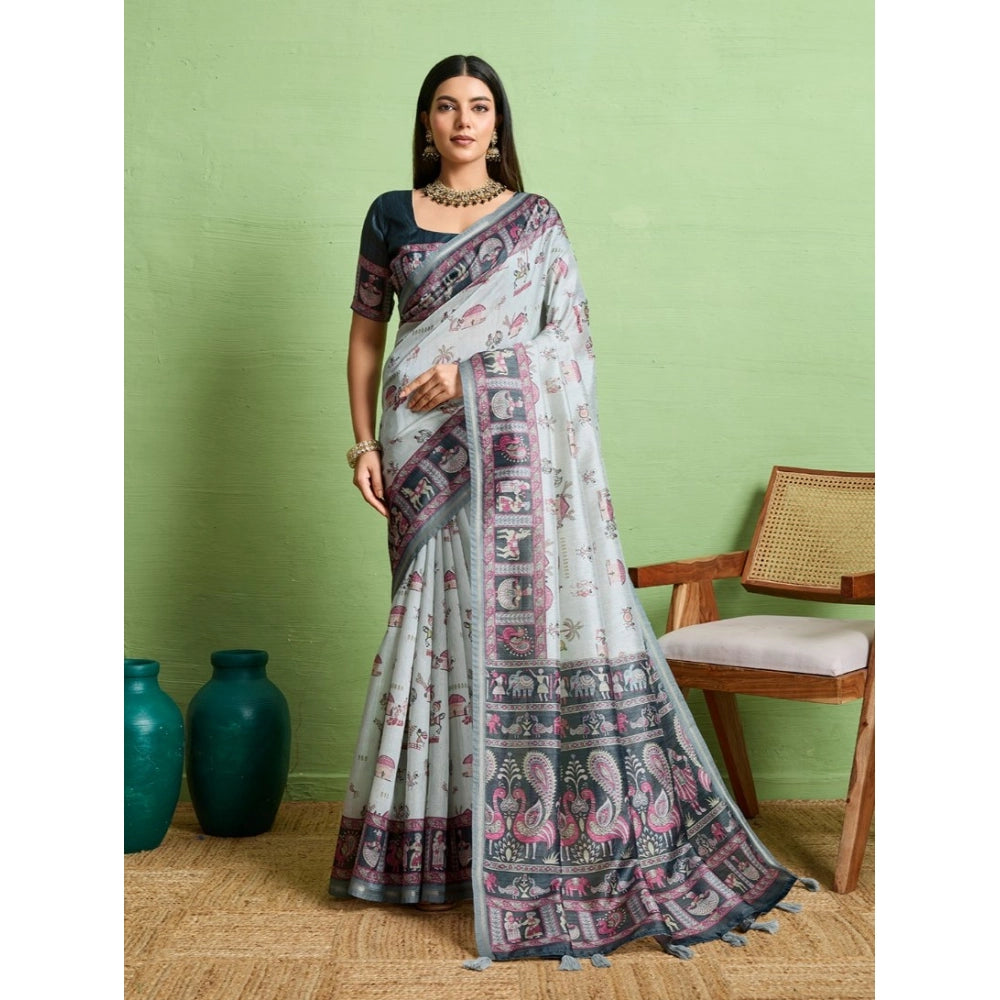 Vaystra Silk Blend Printed Saree With Unstitched Blouse 5.5Mtr – Grey