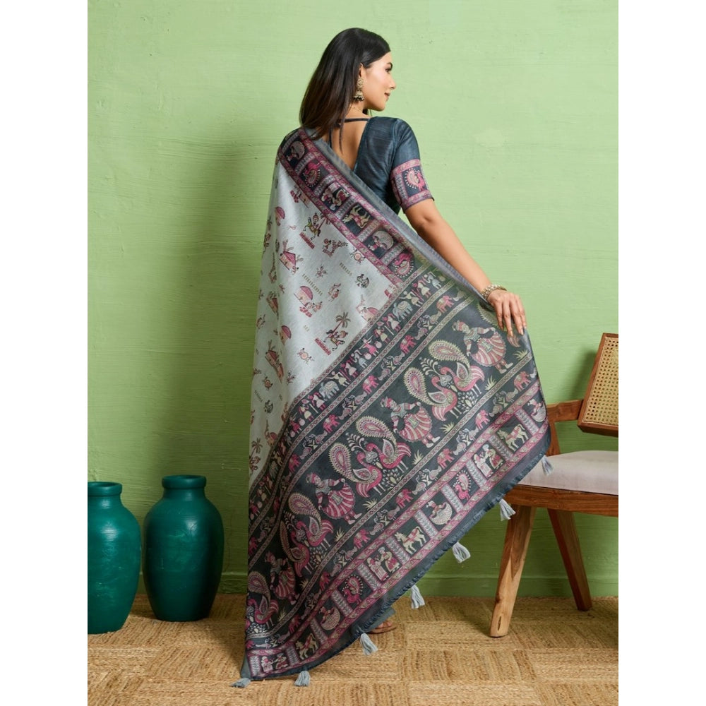 Vaystra Silk Blend Printed Saree With Unstitched Blouse 5.5Mtr – Grey