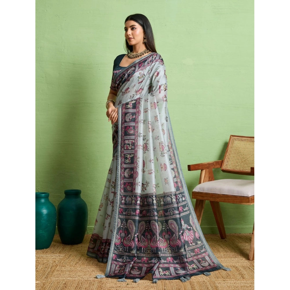 Vaystra Silk Blend Printed Saree With Unstitched Blouse 5.5Mtr – Grey
