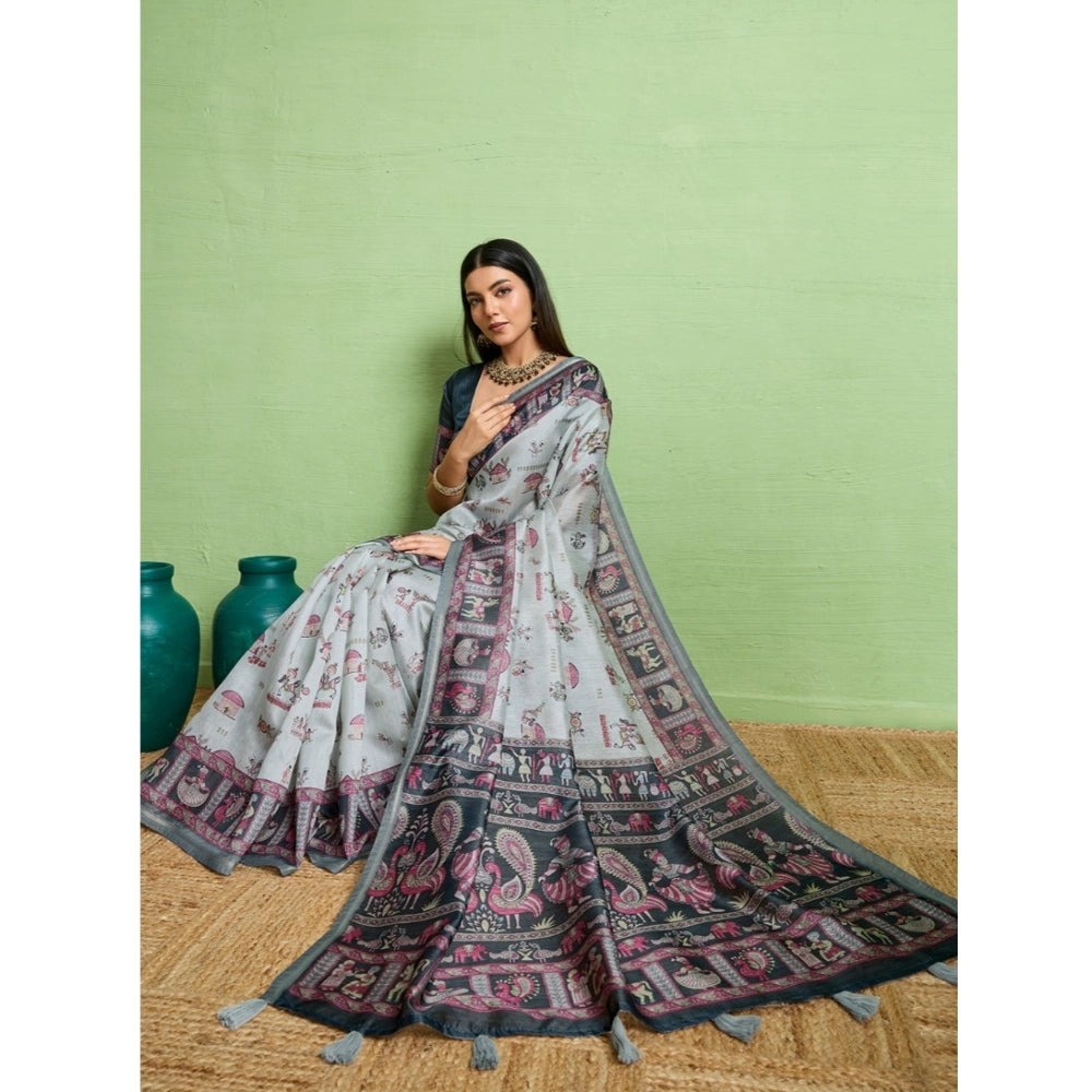 Vaystra Silk Blend Printed Saree With Unstitched Blouse 5.5Mtr – Grey