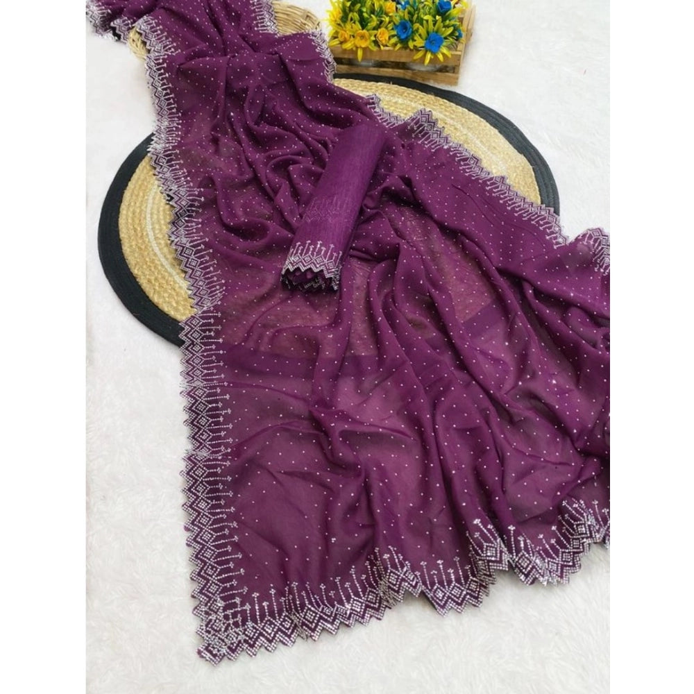 Vaystra Georgette Stone Work Saree With Unstitched Blouse 5.5Mtr – Purple