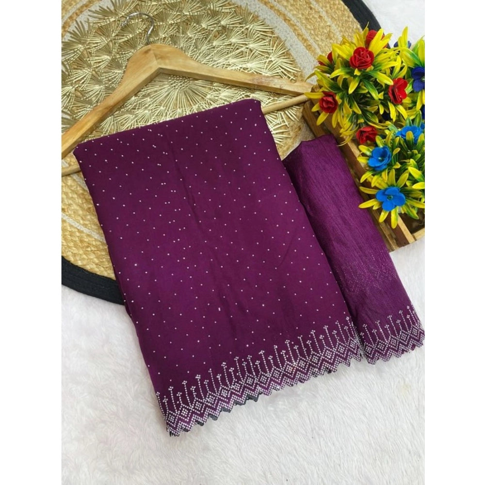 Vaystra Georgette Stone Work Saree With Unstitched Blouse 5.5Mtr – Purple