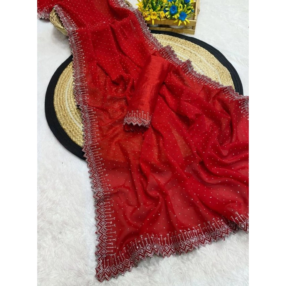 Vaystra Georgette Stone Work Saree With Unstitched Blouse 5.5Mtr – Red