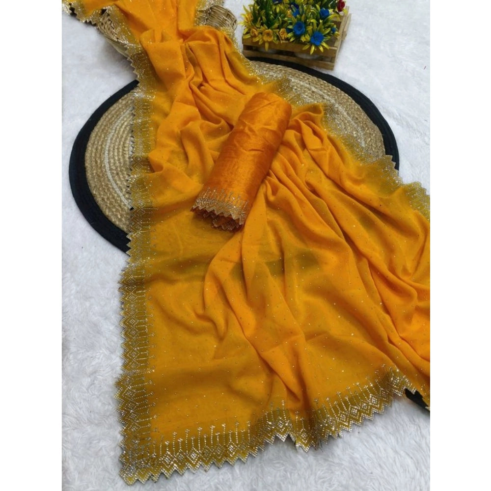 Vaystra Georgette Stone Work Saree With Unstitched Blouse 5.5Mtr – Yellow