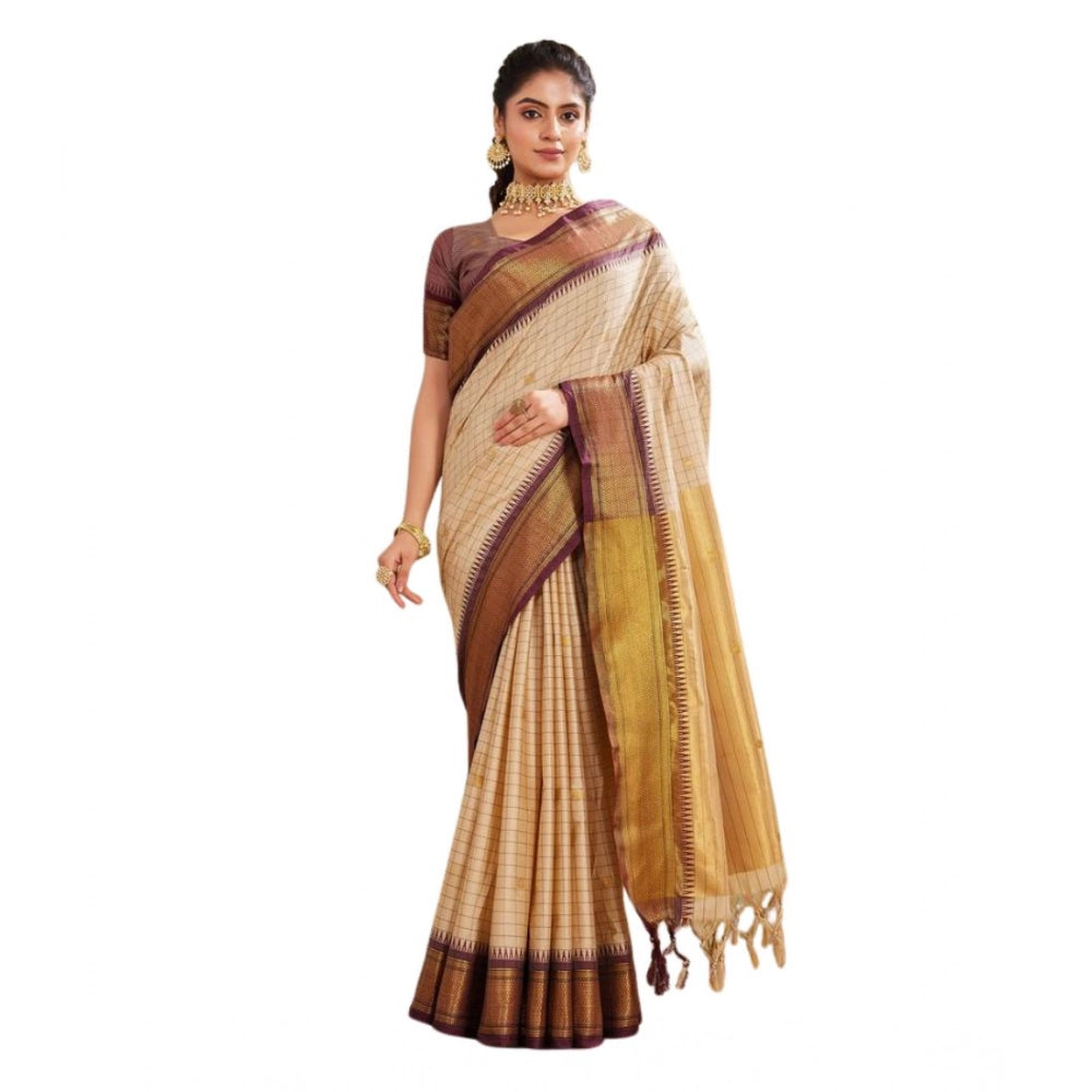 Vaystra Silk Blended Jaquard Woven Saree With Unstitched Blouse 5.5Mtr – Beige