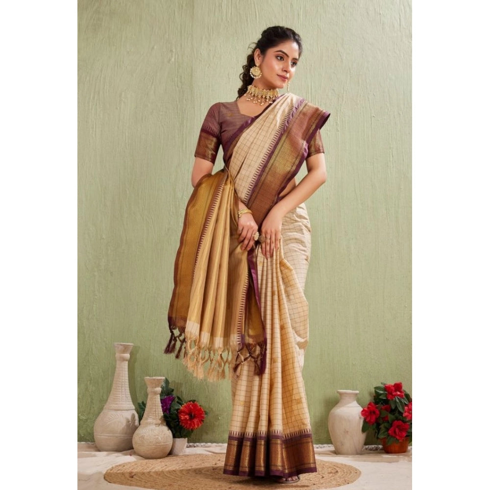 Vaystra Silk Blended Jaquard Woven Saree With Unstitched Blouse 5.5Mtr – Beige