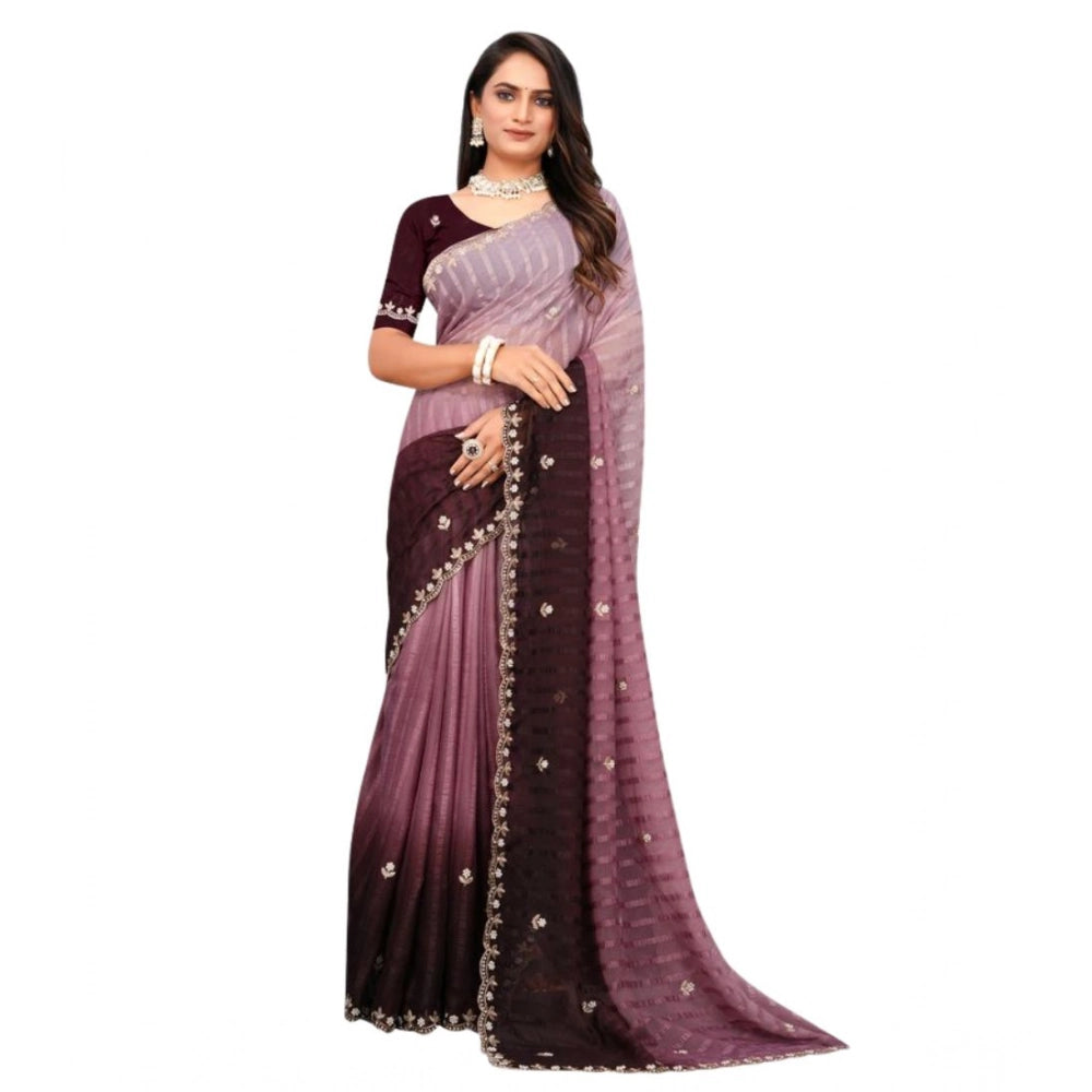 Vaystra Chiffon Embroidred Saree With Unstitched Blouse 5.5Mtr – Beige
