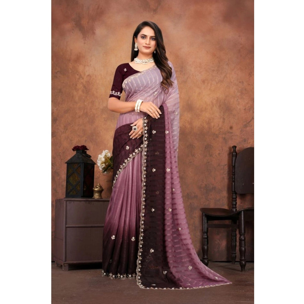 Vaystra Chiffon Embroidred Saree With Unstitched Blouse 5.5Mtr – Beige