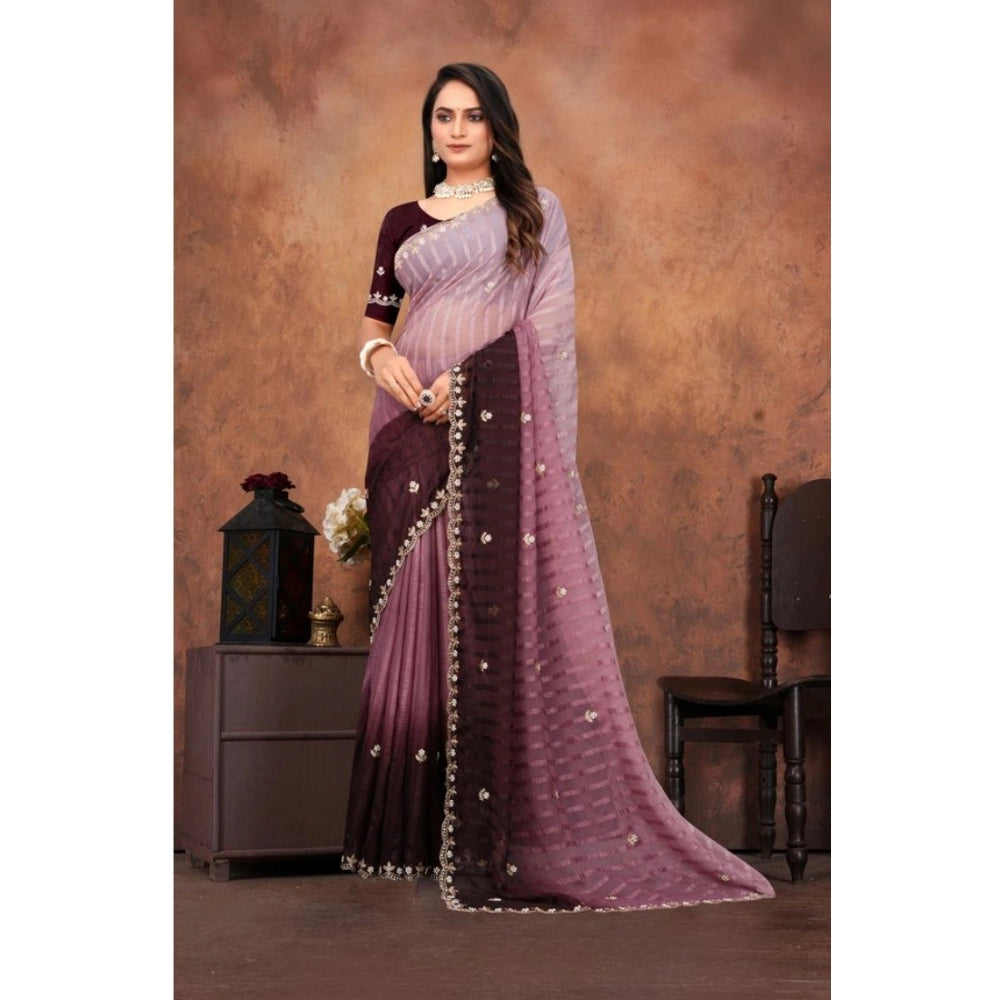 Vaystra Chiffon Embroidred Saree With Unstitched Blouse 5.5Mtr – Beige