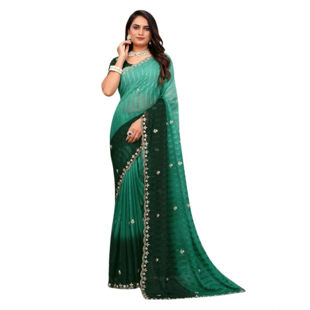 Vaystra Chiffon Embroidred Saree With Unstitched Blouse 5.5Mtr – Dark Green