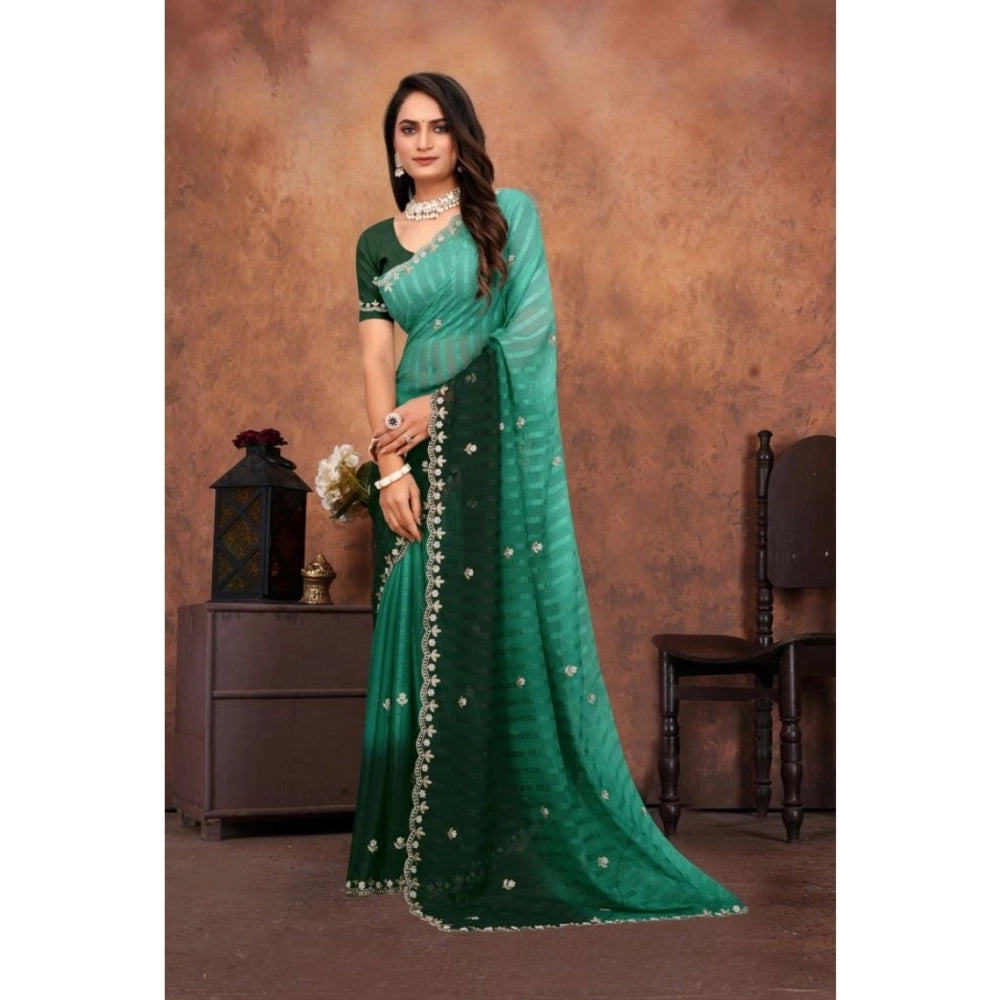 Vaystra Chiffon Embroidred Saree With Unstitched Blouse 5.5Mtr – Dark Green