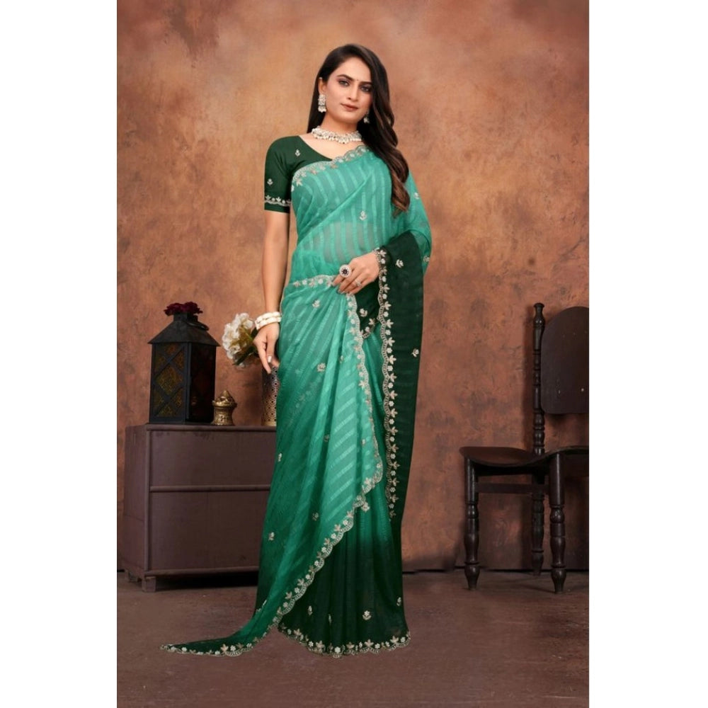 Vaystra Chiffon Embroidred Saree With Unstitched Blouse 5.5Mtr – Dark Green