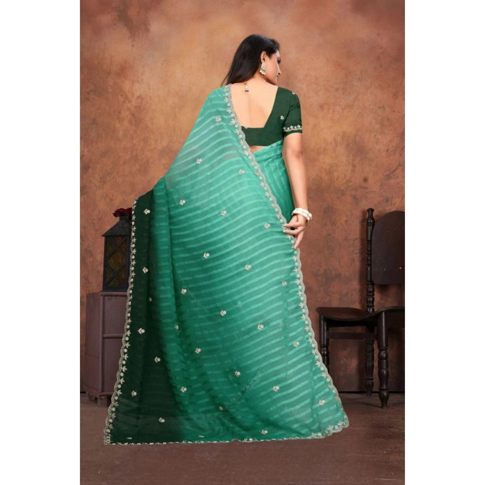 Vaystra Chiffon Embroidred Saree With Unstitched Blouse 5.5Mtr – Dark Green