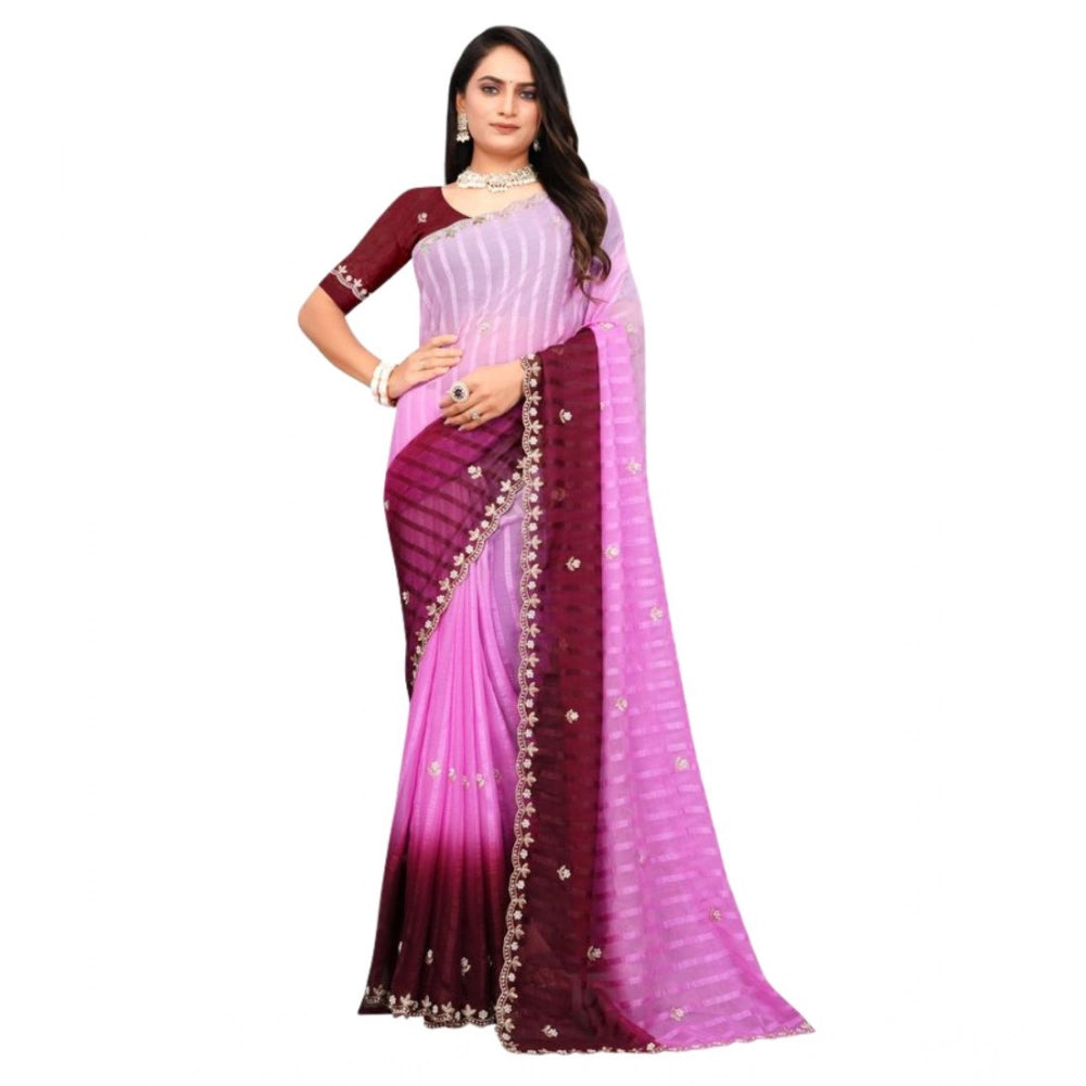 Vaystra Chiffon Embroidred Saree With Unstitched Blouse 5.5Mtr – Pink