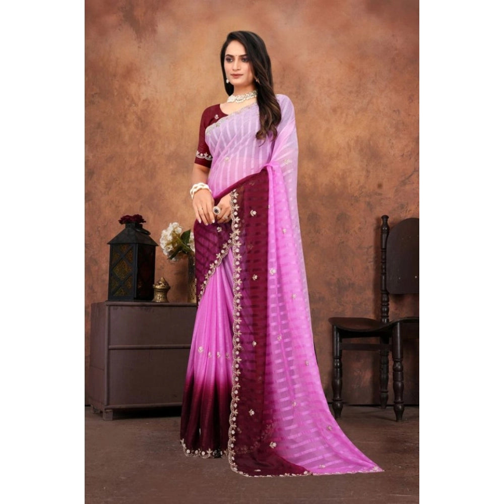 Vaystra Chiffon Embroidred Saree With Unstitched Blouse 5.5Mtr – Pink