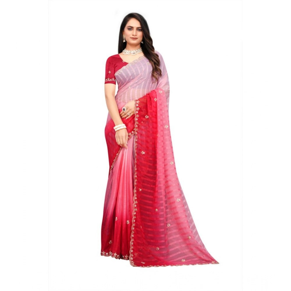 Vaystra Chiffon Embroidred Saree With Unstitched Blouse 5.5Mtr – Pink