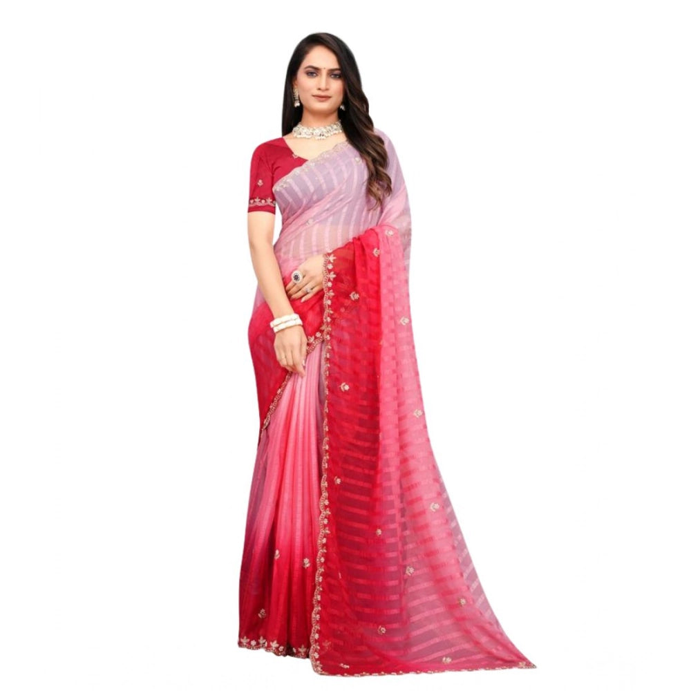 Vaystra Chiffon Embroidred Saree With Unstitched Blouse 5.5Mtr – Pink
