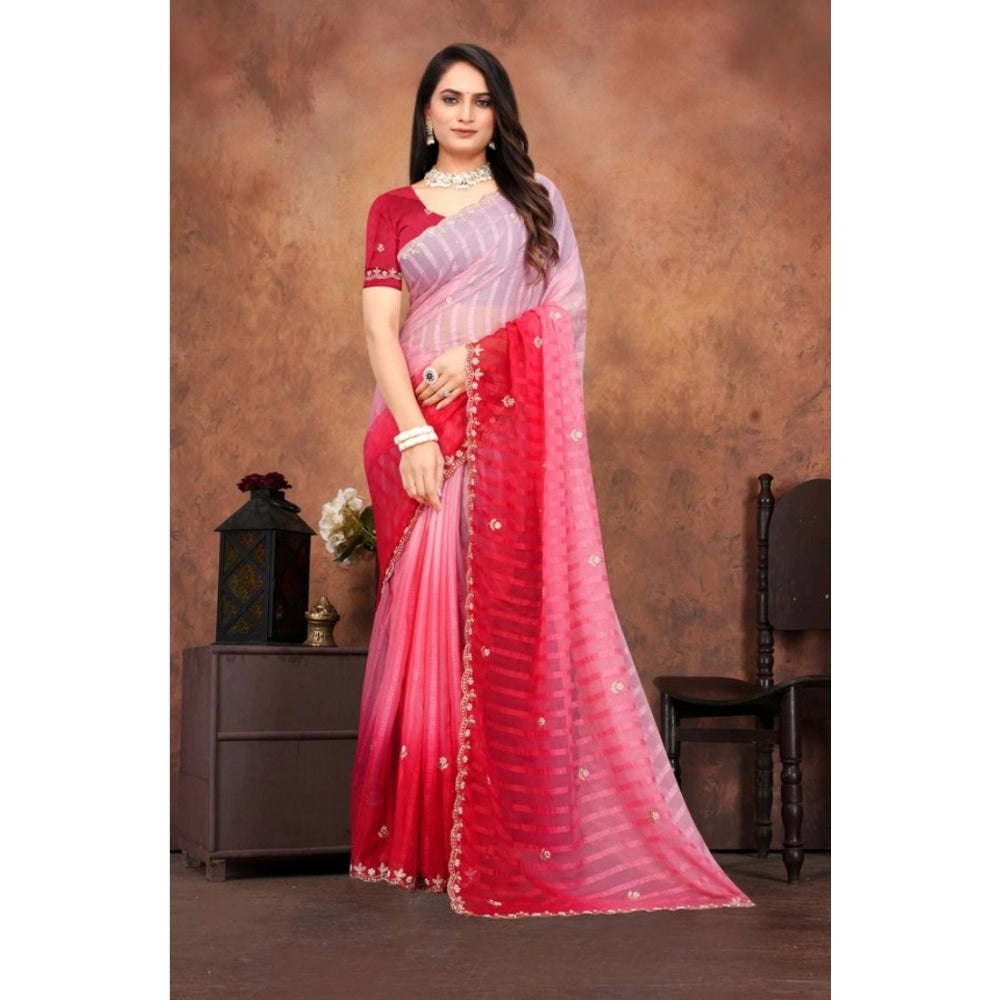 Vaystra Chiffon Embroidred Saree With Unstitched Blouse 5.5Mtr – Pink