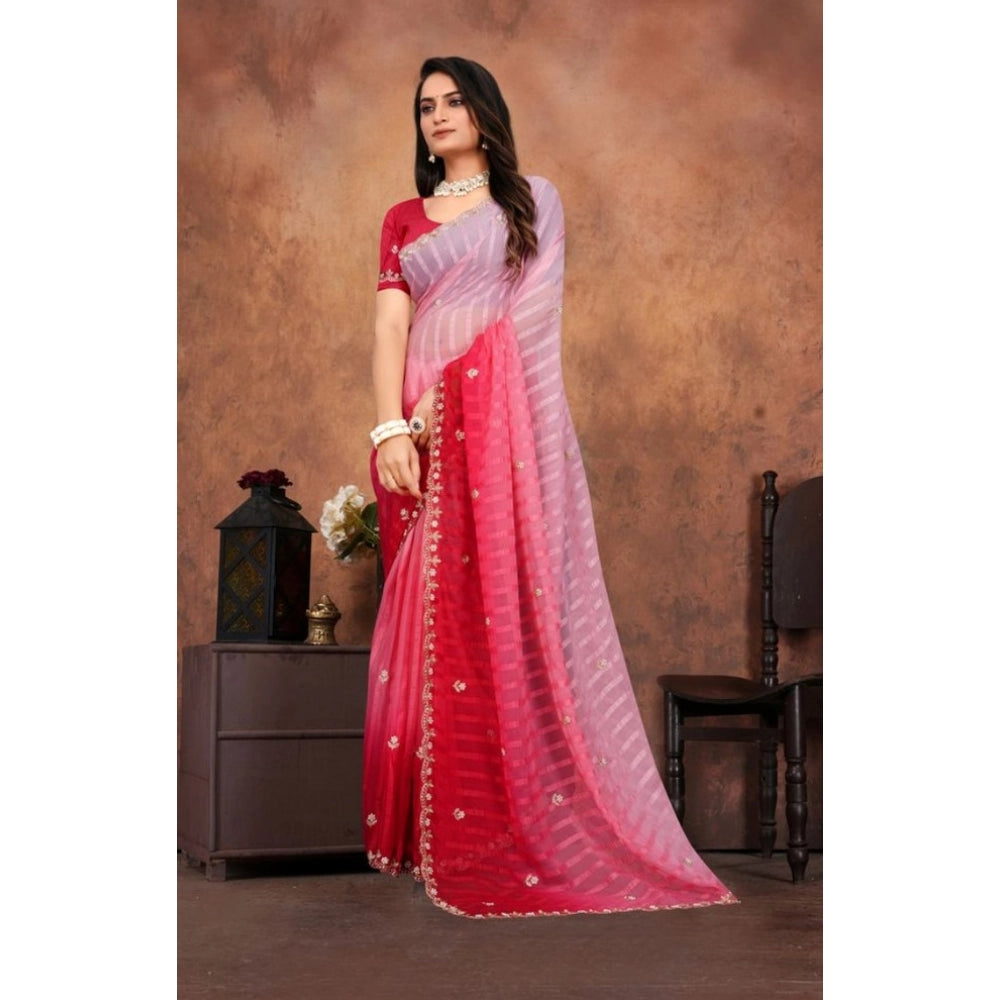 Vaystra Chiffon Embroidred Saree With Unstitched Blouse 5.5Mtr – Pink
