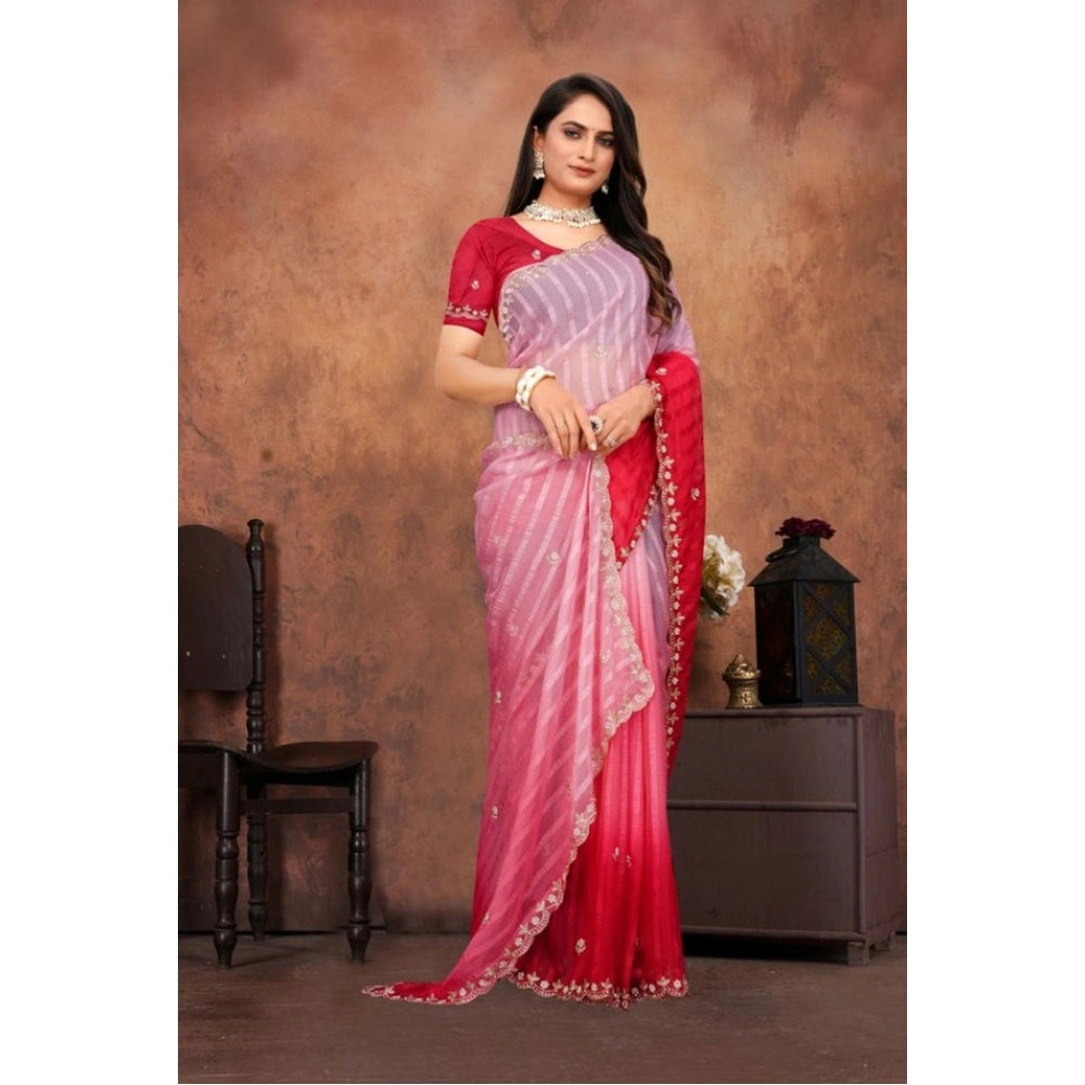 Vaystra Chiffon Embroidred Saree With Unstitched Blouse 5.5Mtr – Pink