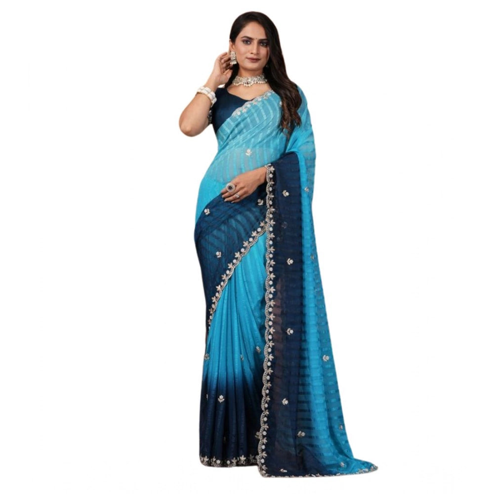 Vaystra Chiffon Embroidred Saree With Unstitched Blouse 5.5Mtr – Light Blue