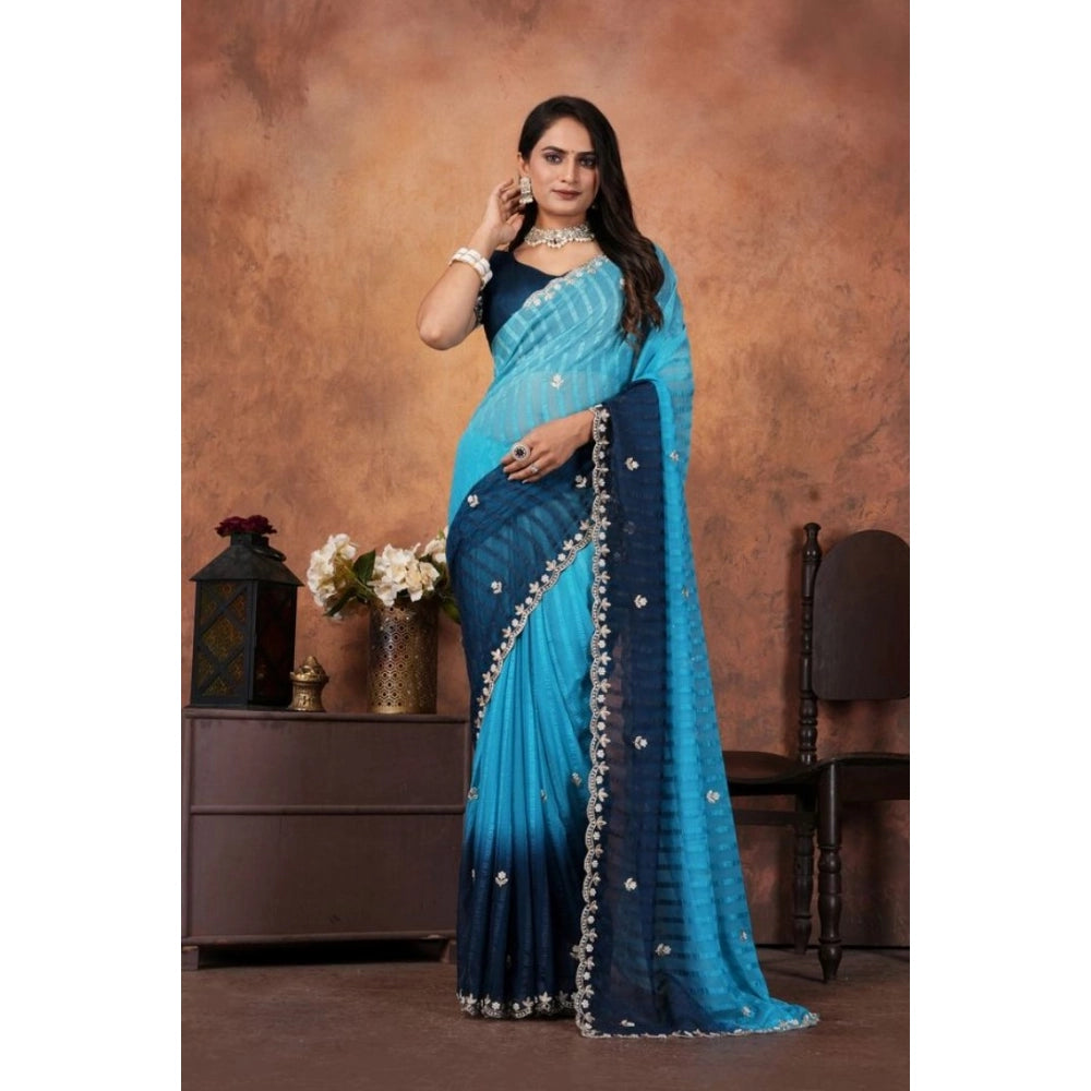 Vaystra Chiffon Embroidred Saree With Unstitched Blouse 5.5Mtr – Light Blue