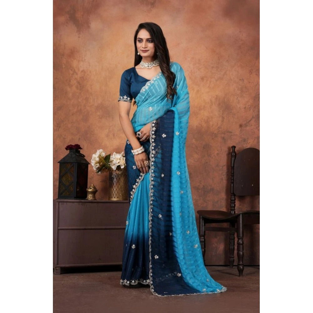 Vaystra Chiffon Embroidred Saree With Unstitched Blouse 5.5Mtr – Light Blue