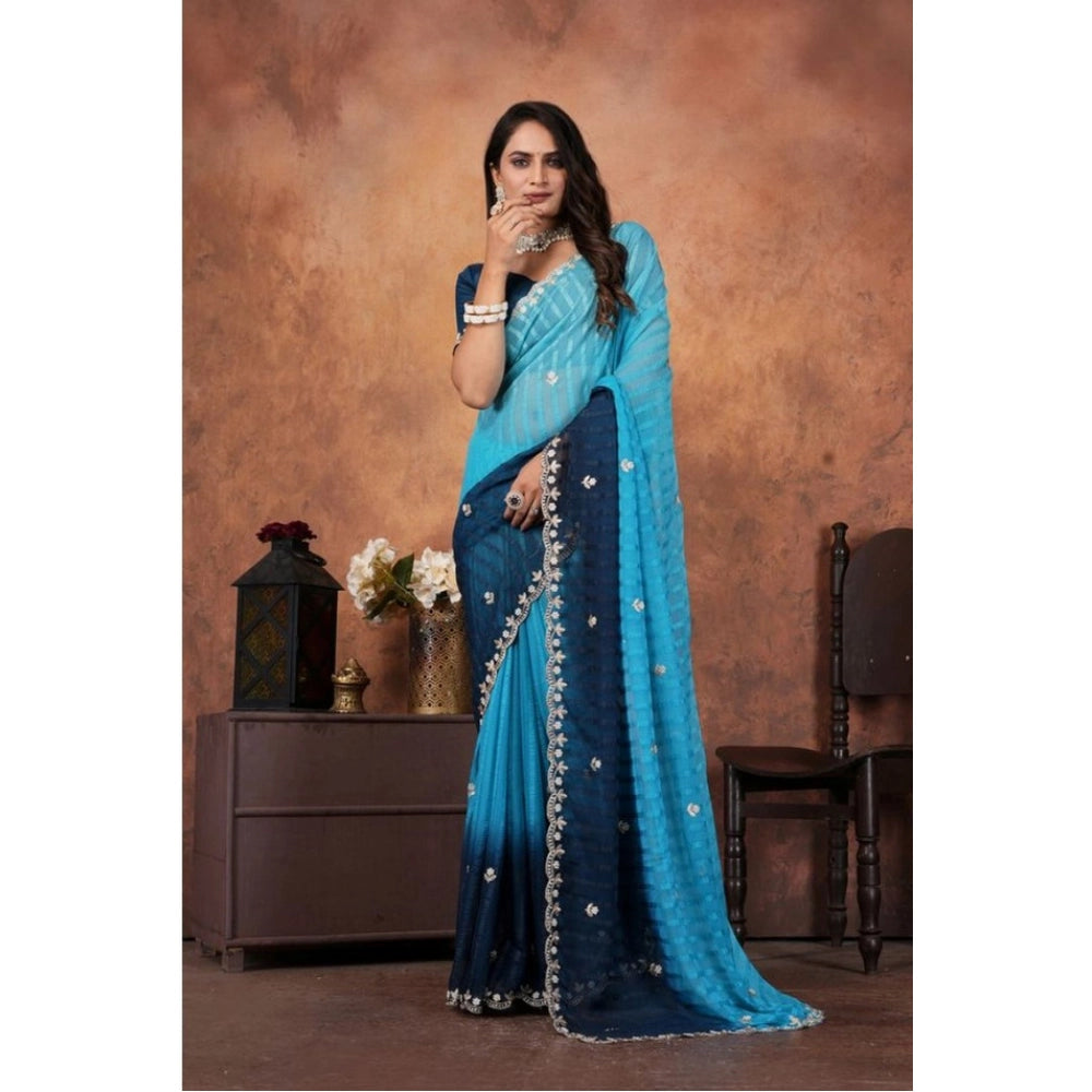 Vaystra Chiffon Embroidred Saree With Unstitched Blouse 5.5Mtr – Light Blue
